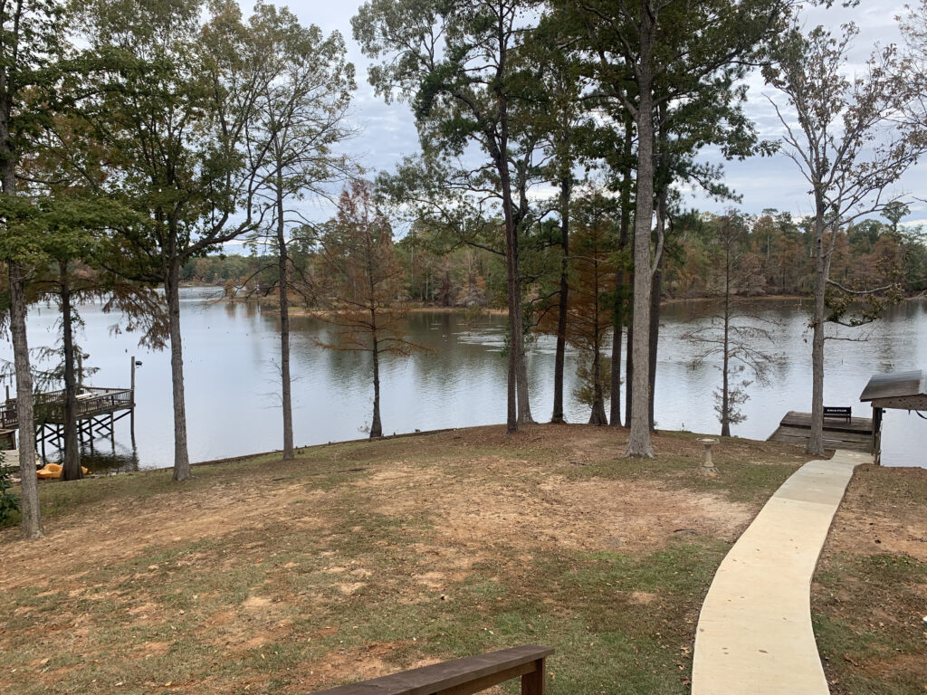 Lake view with trees and boat dock on girls trip stay